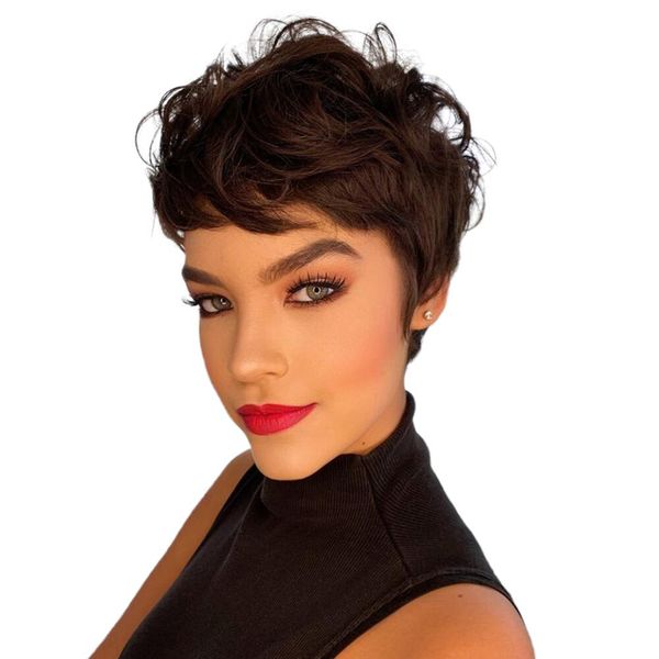 

unprocessed short human hair full machine made none lace front wigs with baby hair 8a natural wave brazilian pixie cut wig for black women, Black;brown