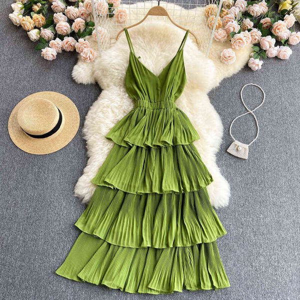 

teeuiear boho ruffles v neck spaghetti strap cake long dress summer party ball gown casual women tunic beach holiday dress y220413, Black;gray