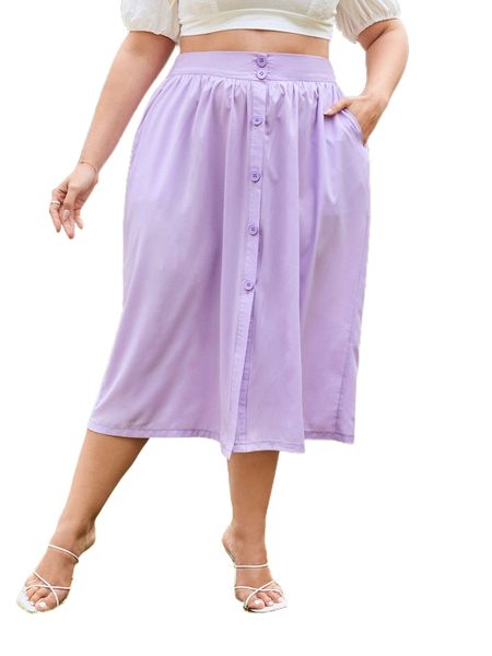

plus button front slant pocket skirt b9so#, Black
