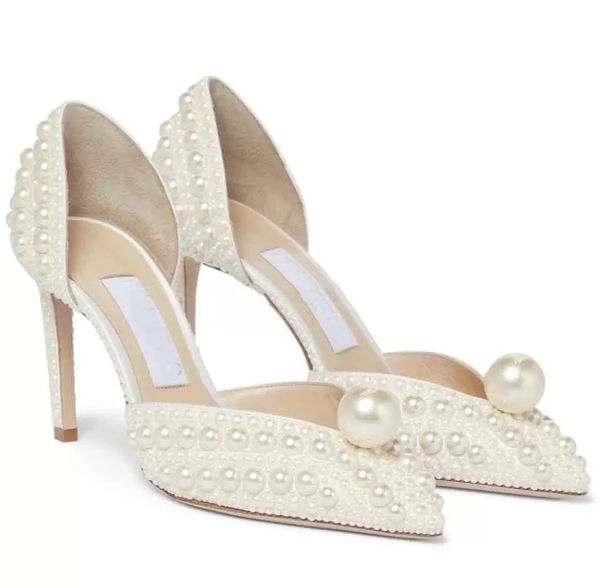 

2022 elegant bridal wedding dress shoes sacora lady sandals pearls leather luxury brands high heels women walking with box,eu35-43, Black
