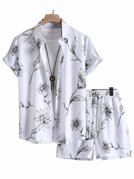 

men floral print shirt & shorts without tee c4p1#, Gray