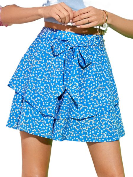 

ditsy floral layered hem belted shorts z2zc#, White;black