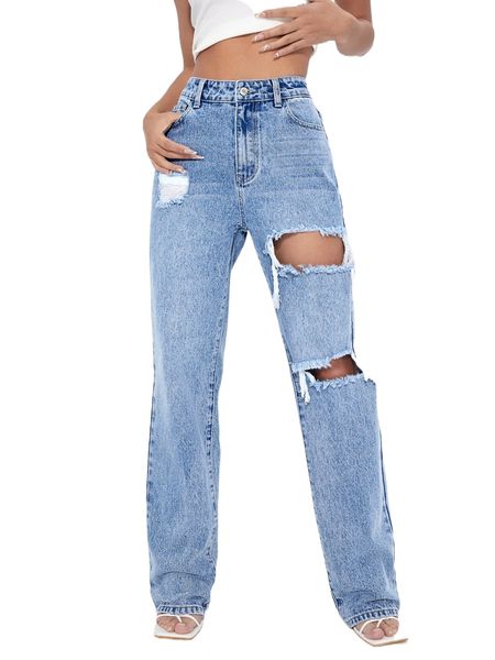 

high waist ripped cut out straight leg jeans 08tg#, Blue