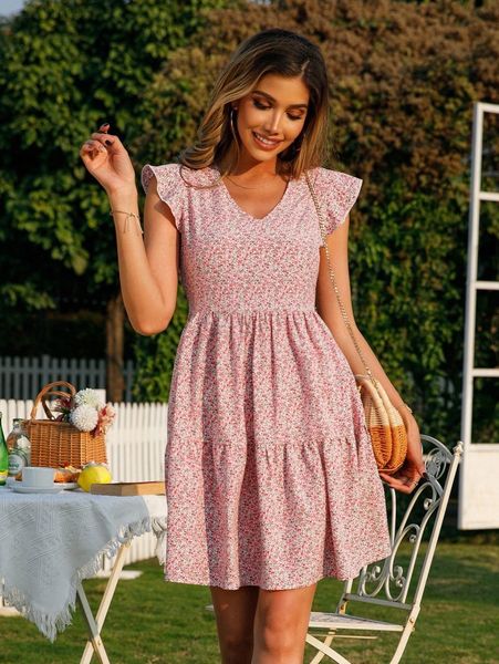 

ditsy floral butterfly sleeve ruffle hem dress t9ch#, Black;gray