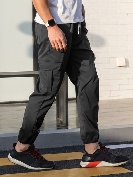 

men contrast trim drawstring waist cargo pants k7ii#, Black