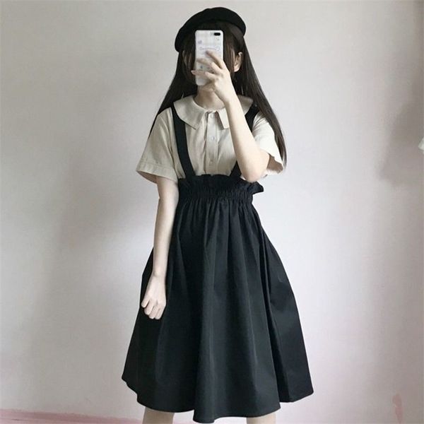 

spring autumn women skirt casual sweet a-line long s solid simplicity strap female japan style 220401, Black