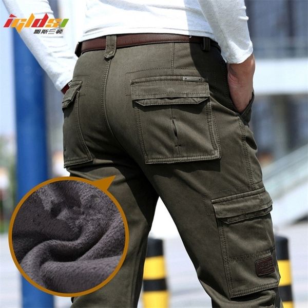 

men winter thicken fleece army cargo tactical pants overalls military cotton casual loose multi-pocket trousers warm 29-44 220330, Black