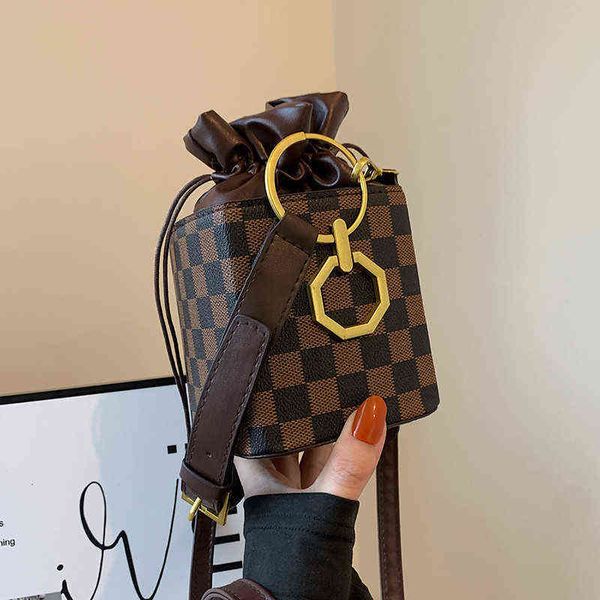 

classic plaid drawstring design women's handbag pu leather shoulder bags female square handbags phone bag purse bolsas g220712