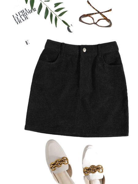 

corduroy dual pockets straight mini skirt s3oj#, Black