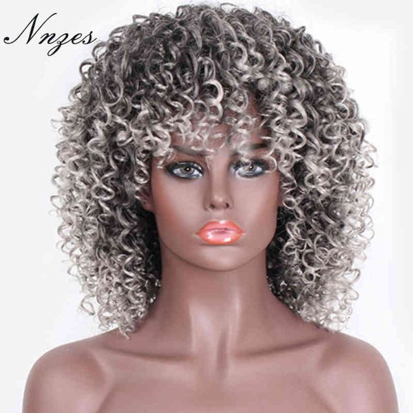 Nnzes 14 poleghes afro kinky curly peruca ombre preto cinza com franja sintética longa s para mulheres 220707