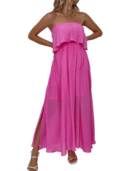 

ruffle trim split side dress d9ao#, Black;gray