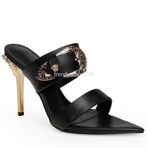 

sandals pointed toe buckle cat heel shoes leather back empty single women's layer cow high sandals, Black