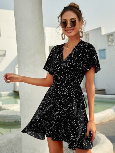 

polka dot knot side wrap a-line dress m3a7#, Black;gray