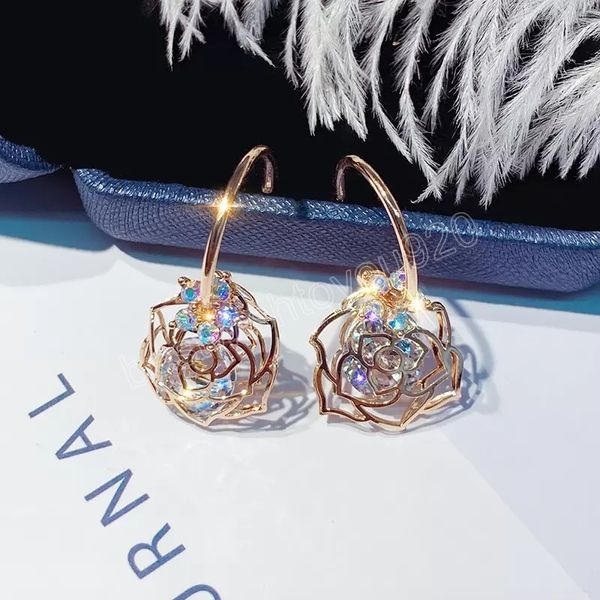 

fashion hollow rose crystal rhinestones dangle earrings for women bridal wedding earring party birthday anniversary gift jewelry, Silver