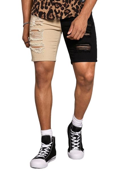 

men colorblock ripped denim shorts d1a3#, White;black