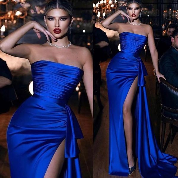 Vestido de noite azul royal dubai alta fenda sem alça