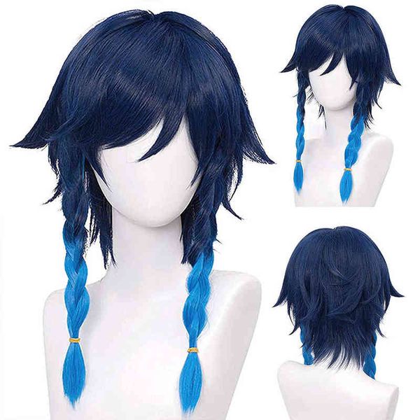 Genshin Impact Venti Parrucche Gradiente Blu Corto Intrecciato Resistente Al Calore Capelli Sintetici Gioco Anime Halloween Cosplay Parrucca + Protezione Della Parrucca Y220512