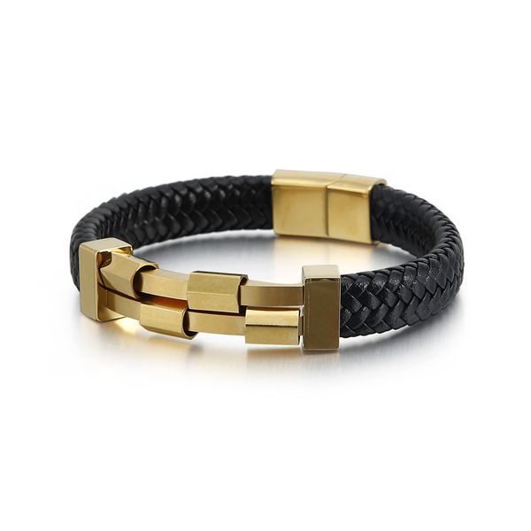 

rock punk personality popular men's bracelet steel woven leather, Golden;silver