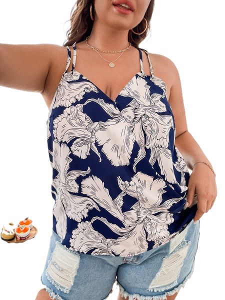 

plus floral print cami i3ln#, Black