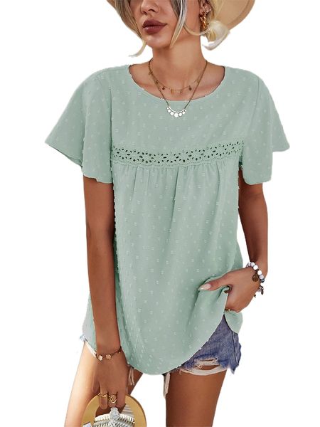 

swiss dot eyelet embroidery flutter sleeve blouse o833#, White