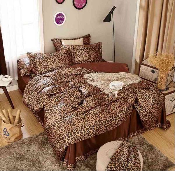 Leopard ColchaLad Liso Cool Bedding Set Café Playester Satin Devet Sets Sets Flat / Fitted Folha 3/4 pcs Bedclothes G220215