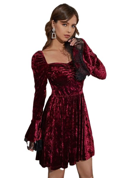 

ruched sweetheart neck flounce sleeve velvet dress i1lw#, Black;gray