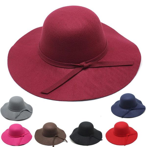 Berretti Donne Ragazze Retro Bow Bombetta Cappelli Soft Vintage Feltro di lana Bowknot Fedora Cappello Solid Ladies Floppy Cloche Wide Brim Dome Cap