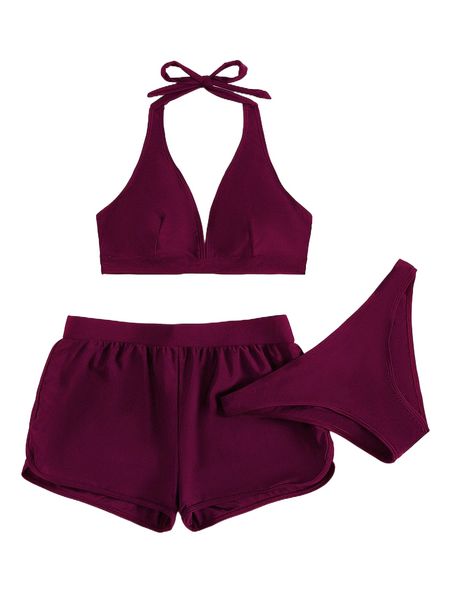 

plain halter bikini swimsuit with beach shorts w0h4#, White;black