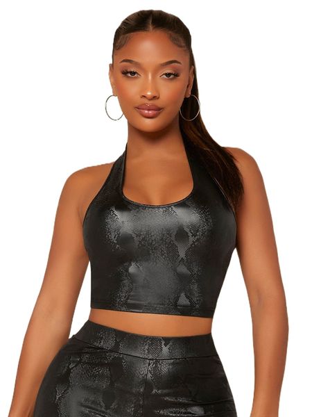 

sxy snakeskin print backless pu leather halter y13h#, White