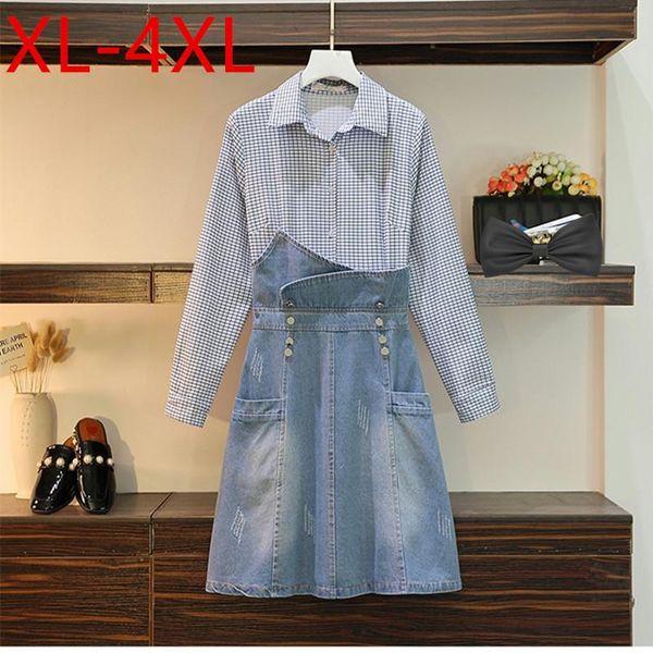 Abiti taglie forti XL-4XL 2022 Abito camicia autunno per donna Colletto rovesciato Manica lunga Plaid Denim Patchwork Donna