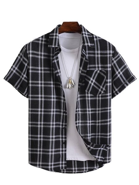 

men 1pc plaid pocket front shirt 01hw#, White;black