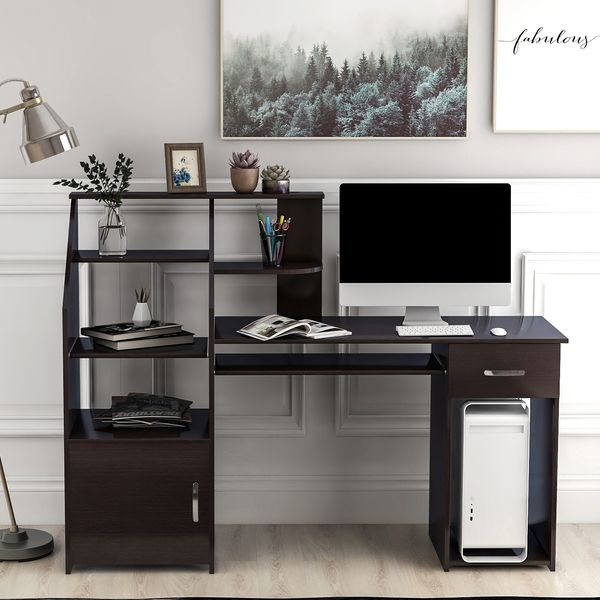 

computer desk multi-functions bedroom furniture with cabinet (espresso) modern simple style, black metal frame, rustic brown stock us