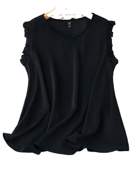 

plus ruffle cuff solid blouse 07gq#, Black