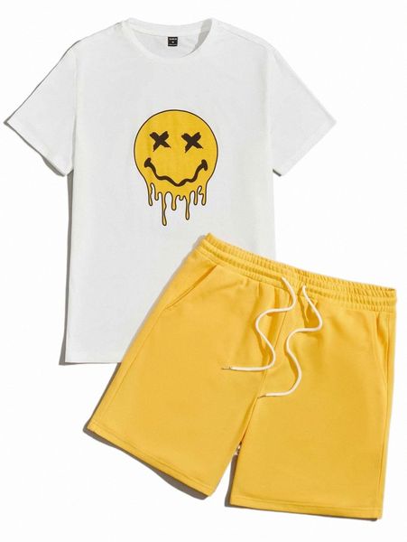 

men cartoon graphic tee & drawstring waist shorts set 30jg#, Gray