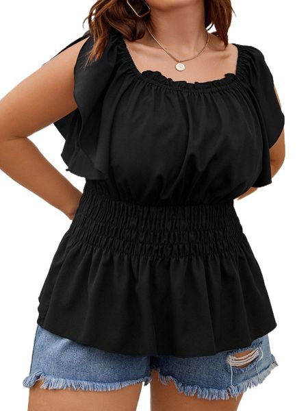 

plus shirred waist frill trim peplum blouse z49b#, Black