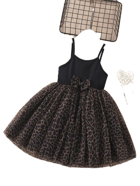 

toddler girls leopard print bow front cami dress i6tp#, Black;white