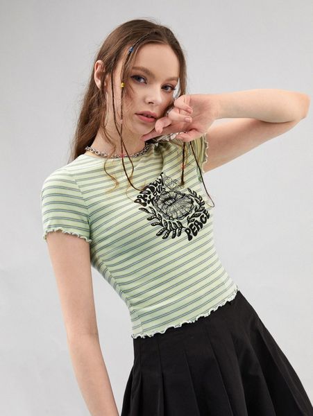 

x zoe radford striped & floral print lettuce trim tee k4i5#, White