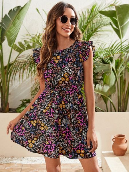 

allover floral a-line dress c4m8#, Black;gray