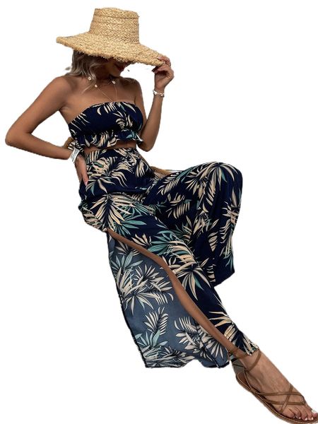 

tropical print ruffle trim crop tube & split side wide leg pants a0yv#, White