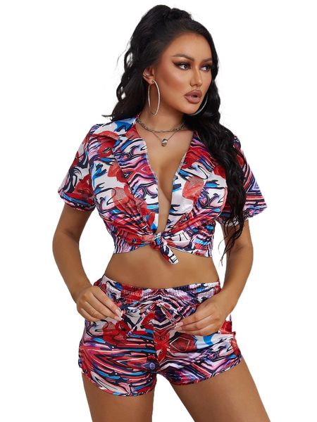 

allover print tie front blouse & drawstring waist shorts f23k#, White