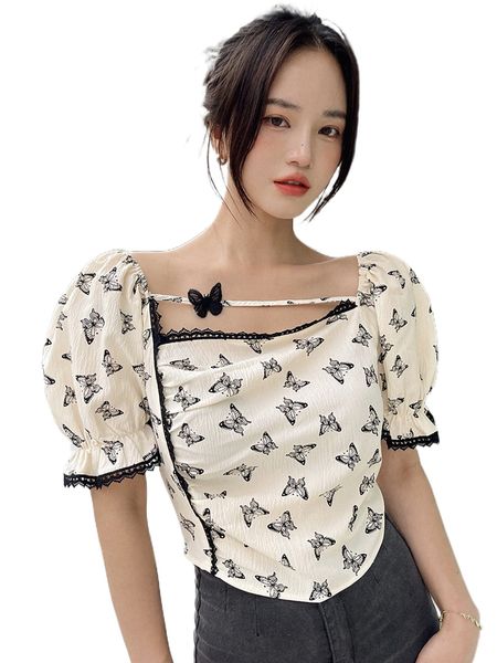 

dazy butterfly print applique puff sleeve asymmetrical neck blouse s5s1#, White