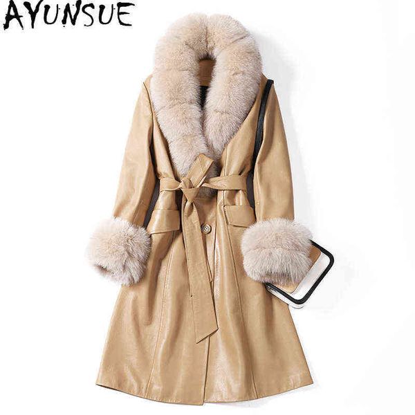 

ayunsue long leather coat women sheepskin coat female down jackets fox fur collar autumn winter 2020 abrigo mujer 72lw j220727, Black