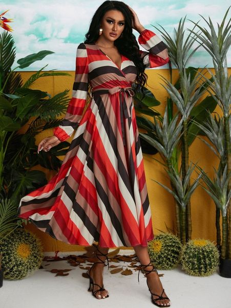 

sxy striped print belted surplice neck a-line dress 01rb#, Black;gray