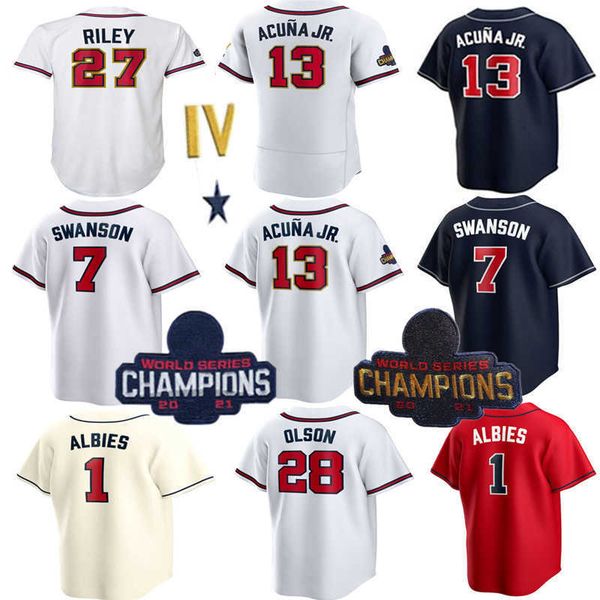

2022 Dansby Swanson Baseball Jerseys 13 Ronald Acuna Jr. Gold Program 27 Austin Riley 1 Ozzie Albies 28 Matt Olson Jersey Custom Men Women, Men's color 1