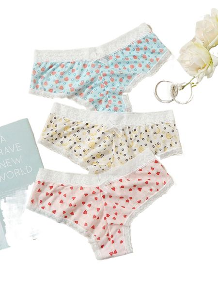

3pack floral & fruit print contrast lace panty z0vp#, Black;red