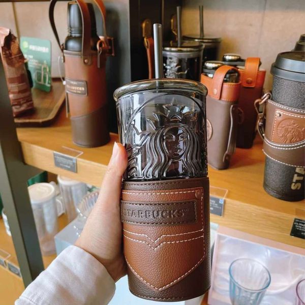

starbucks father's day summer cool black goddess leather cover glass straw cup large capacity water cup 550ml
