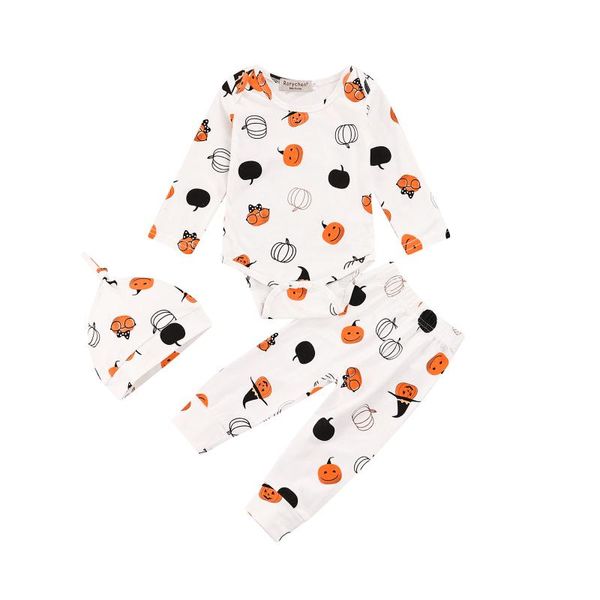 Set di abbigliamento 0-24M Casual Bambini Neonato Ragazza Zucca di Halloween Stampa Girocollo Manica lunga Pagliaccetto Pantaloni Harem Cappello Costume 3 pezziAbbigliamento