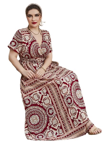 

plus scroll print surplice neck shirred waist dress p1ge#, Black