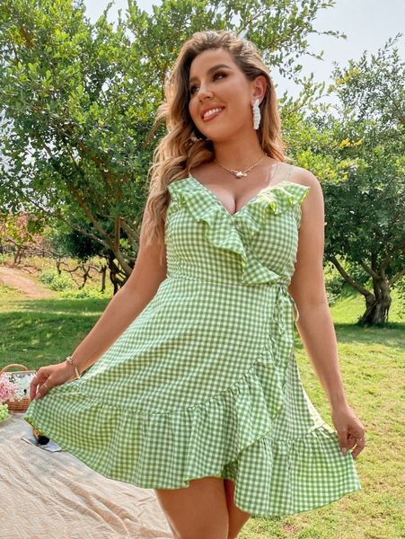 

plus gingham print ruffle trim cami dress h3q2#, Black