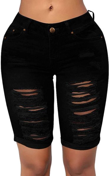

women's distressed knee length ripped stretchy jean shorts 1686#, White;black